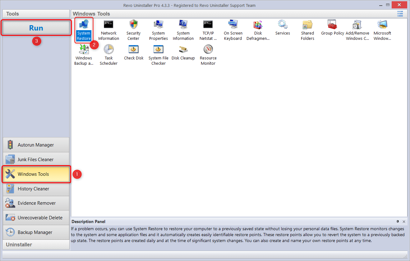 Access Windows System Restore Revo Uninstaller Pro 4