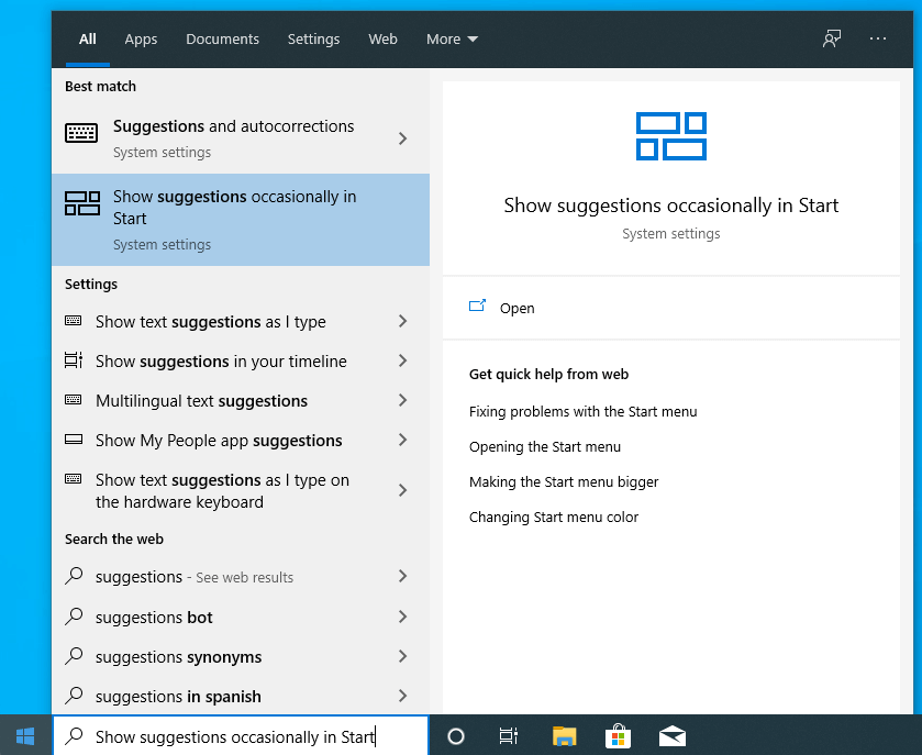 show suggestions on start menu