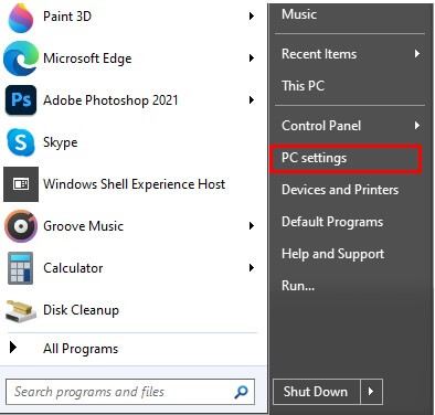 screen of PC settings