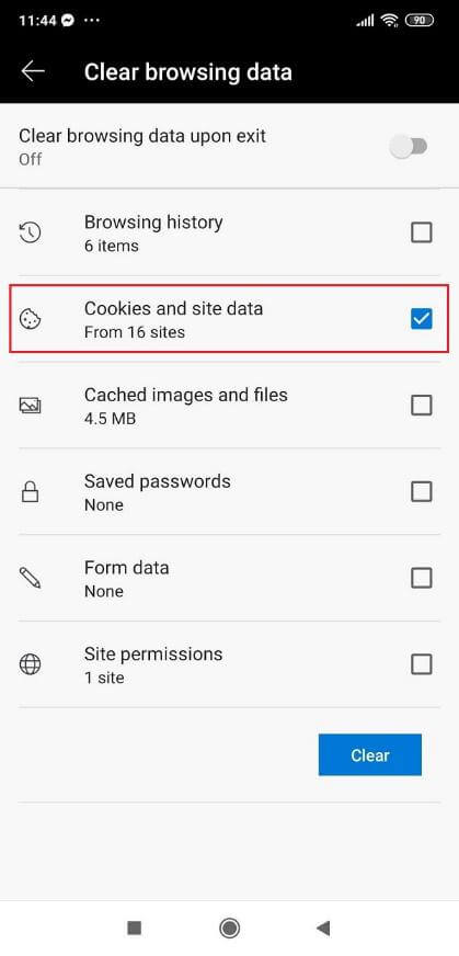 Edge phone cookies and site data