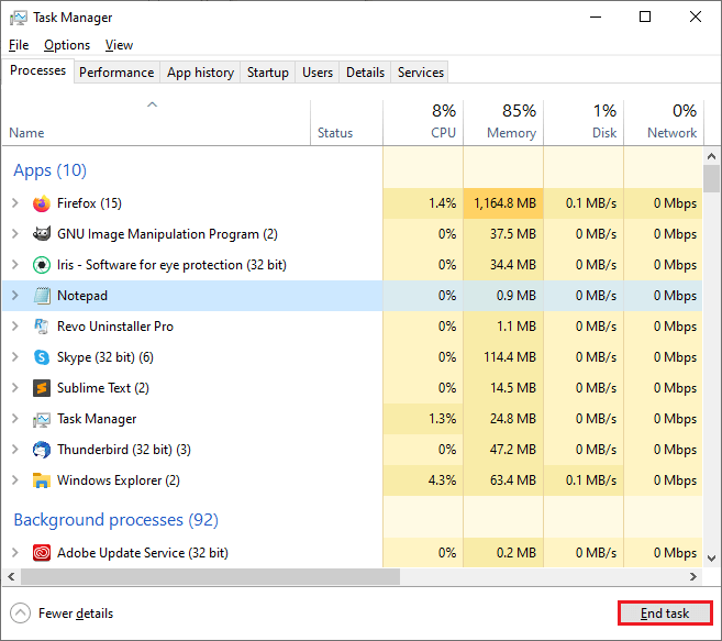 screen of task manager