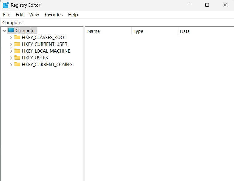 screen of registry editor