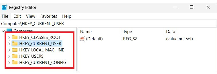 screen of registry editor root keys