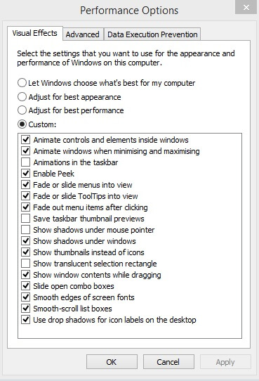 Windows Graphics and animations - Performance Options