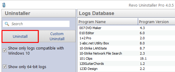 screenshot of logs uninstall
