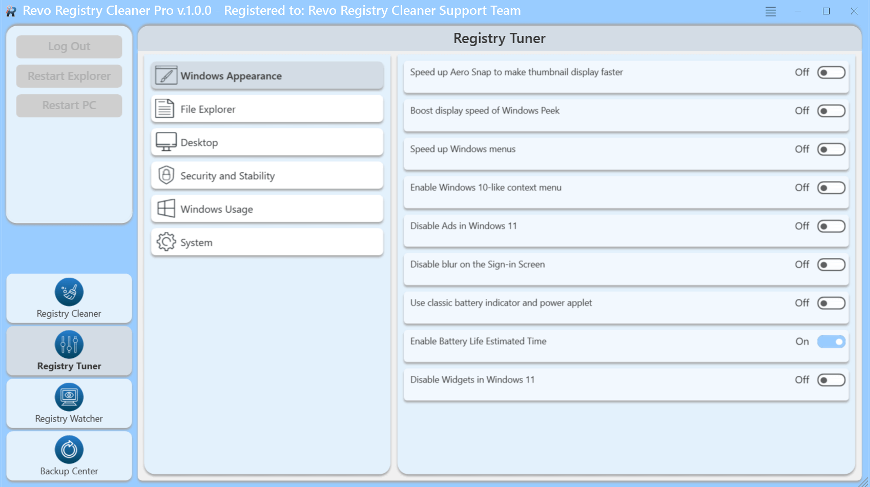 screen of registry tuner