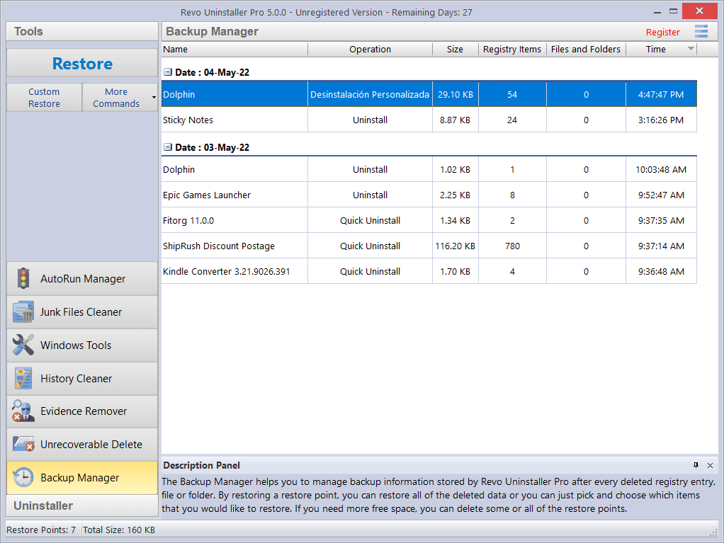 screen of backup manager