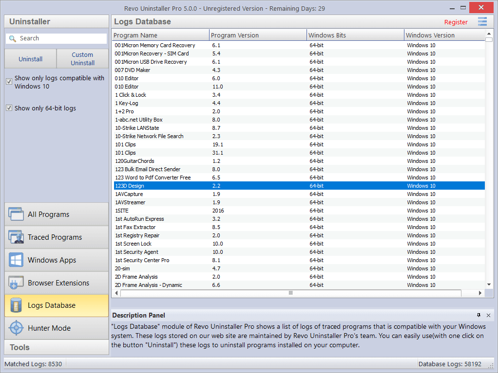 Screenshot of Logs Database