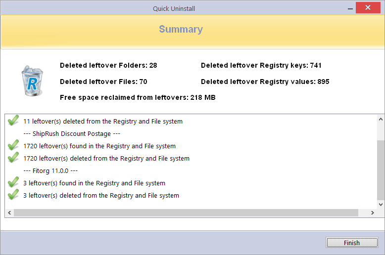 Summary screen of uninstalling a program