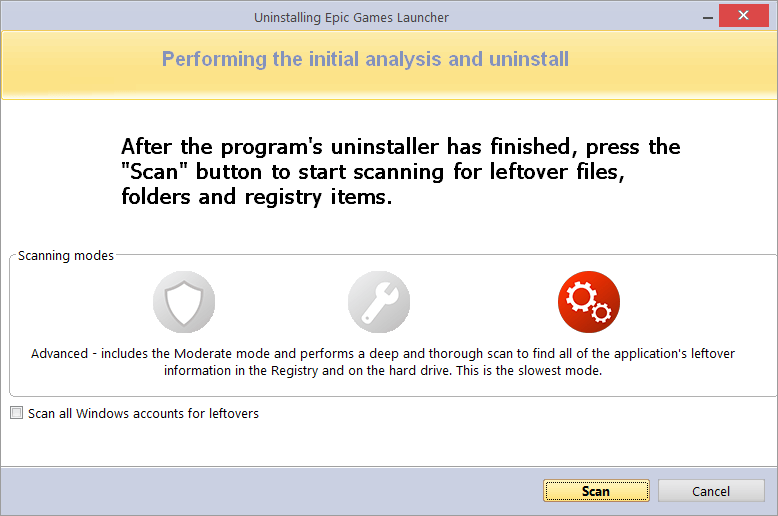 Screen of Initial analysis and uninstall