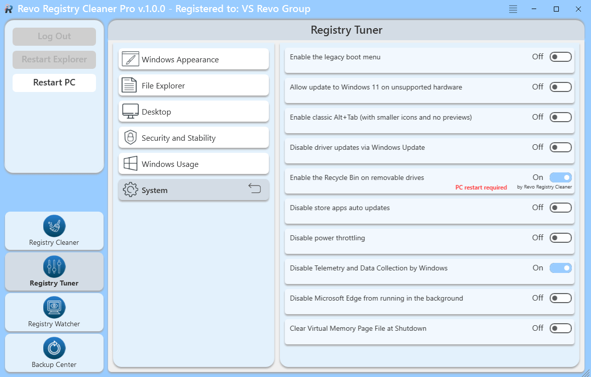 screen of registry tuner