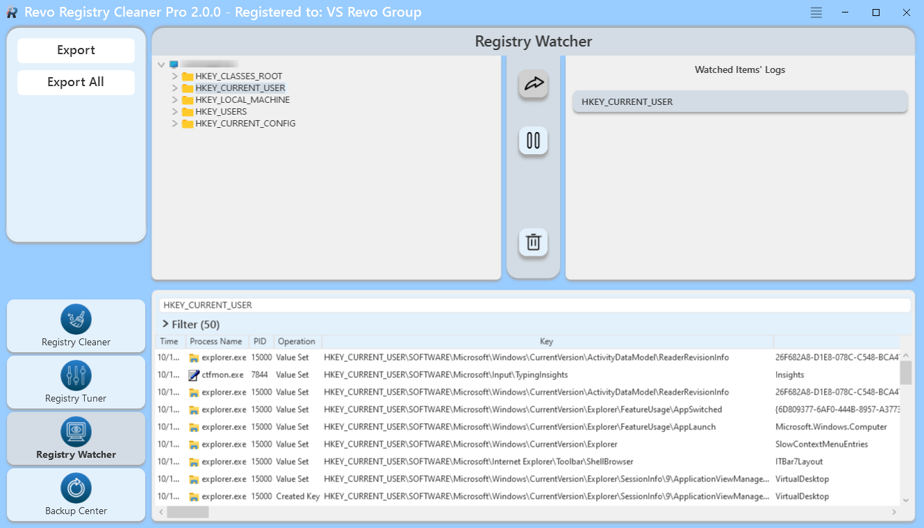 screen of registry watcher