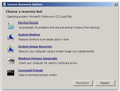 Windows of System Recovery Options
