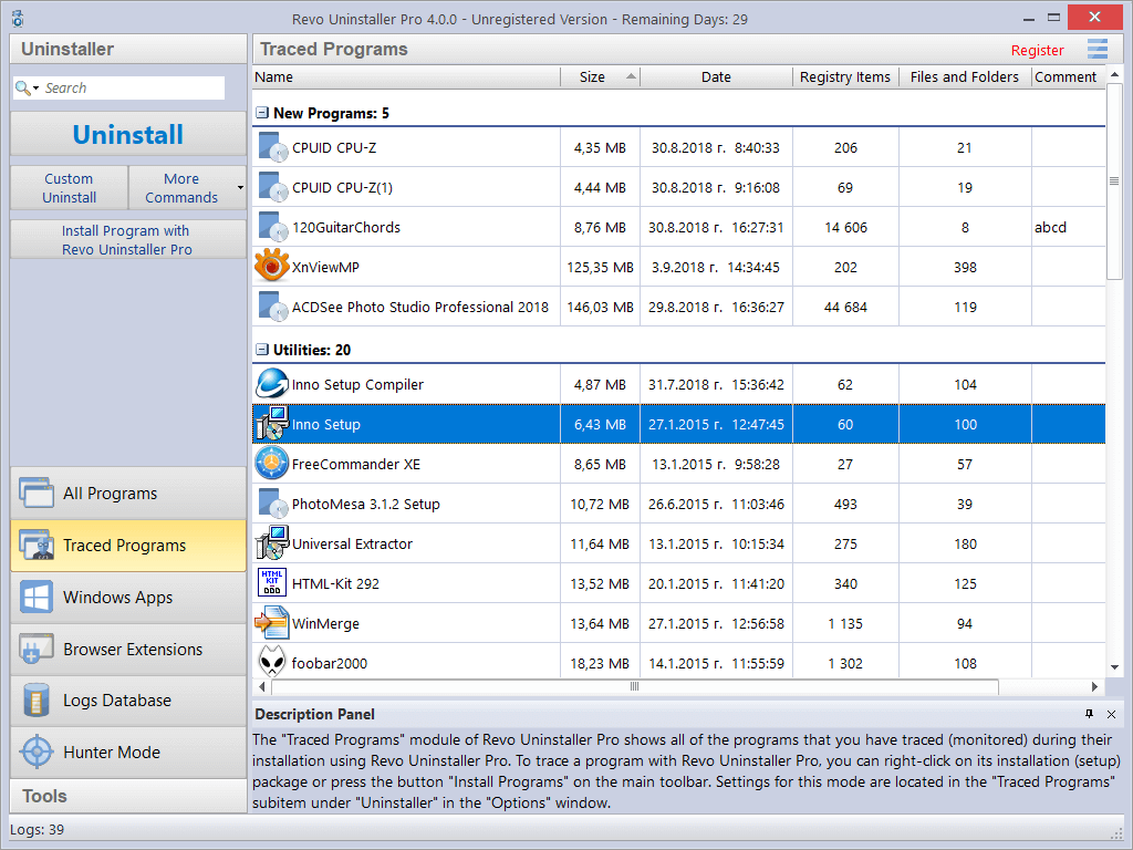 Screenshot of traced programs