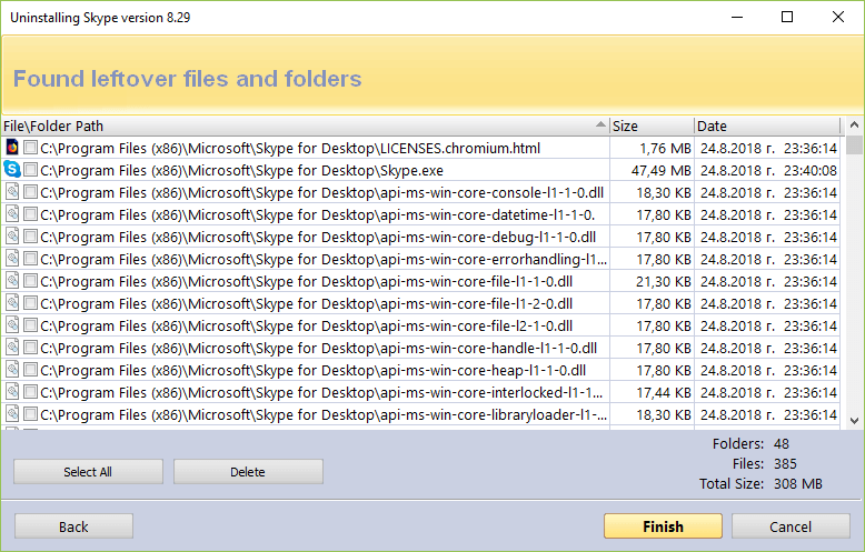 Screen of found leftover files and folders
