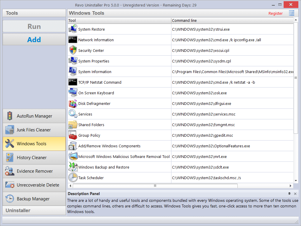 Screenshot of Windows Tools